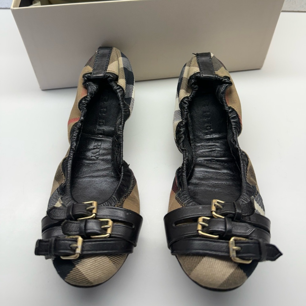 Burberry Black and Tan Flats with Gold Buckles